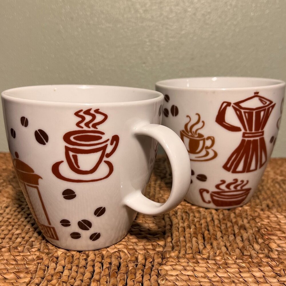 Two BED BATH & BEYOND Retro Coffee Graphics Ceramic Cups Mugs ~ French Press